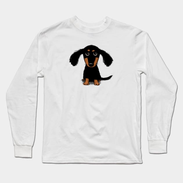 Cute Dachshund Puppy | Black and Tan Longhaired Wiener Dog Long Sleeve T-Shirt by Coffee Squirrel